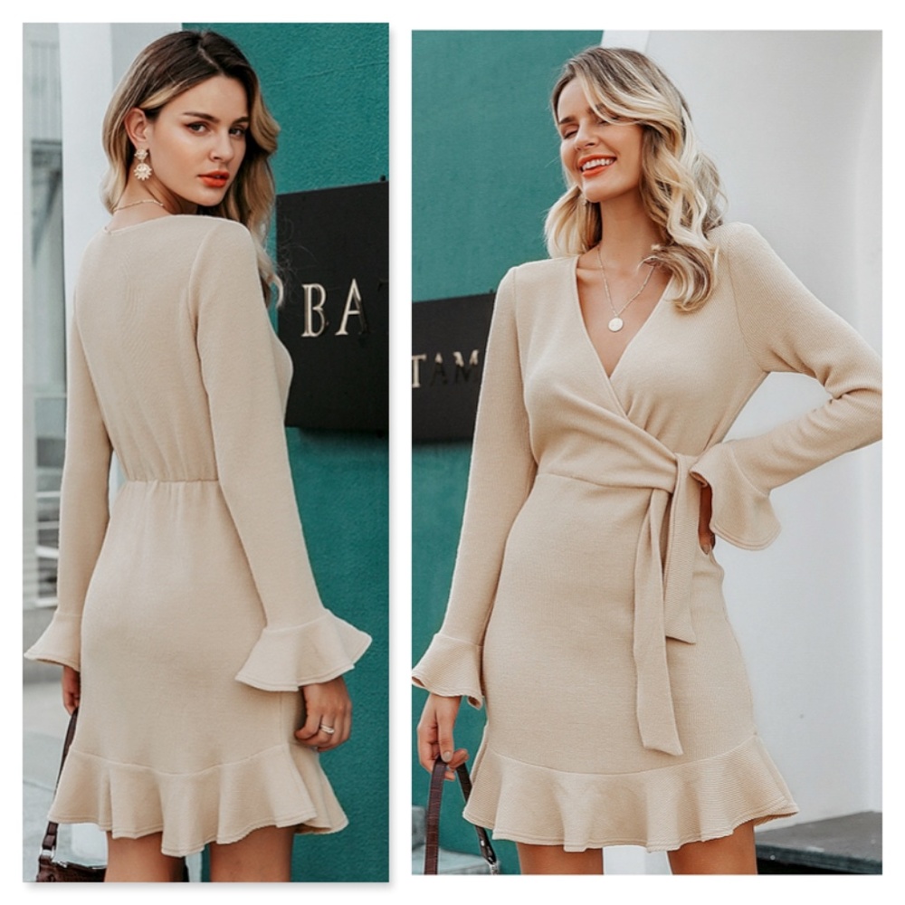 Rib-Knit Beige Ruffle Detail Waist Ties Mini Dress - Picture 2 of 8